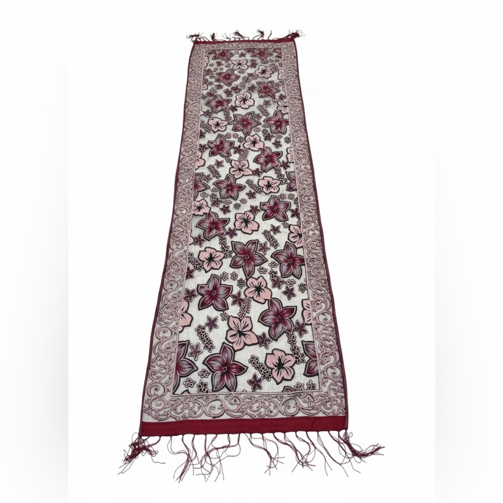 Vintage Floral Embroidered Sheer Scarf - Burgundy & Pink Lace Romantic Wrap